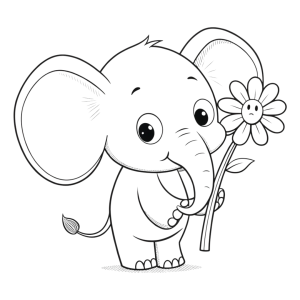 Dibujo de elefante sosteniendo una flor para colorear