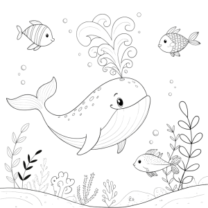 Dibujo de ballena y peces para colorear