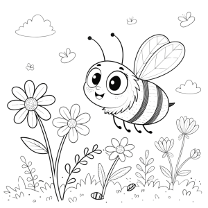 Dibujo de abeja feliz volando entre flores para colorear