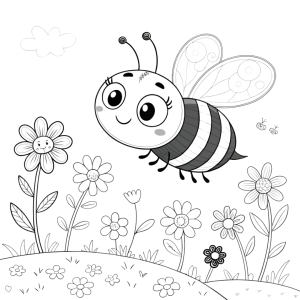 Dibujo de abeja feliz volando entre flores para colorear