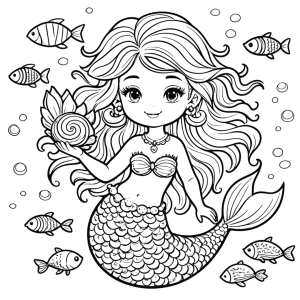 Dibujo de sirena con peces para colorear