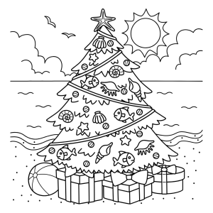 Árbol de navidad con decoraciones marinas y regalos bajo el sol