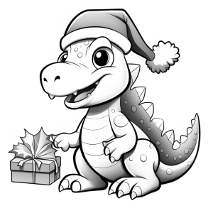 Dibujo de dinosaurio navideño con regalo para colorear