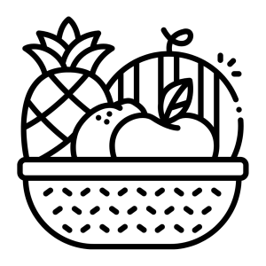 Cesta llena de frutas frescas: piña, melón y manzana