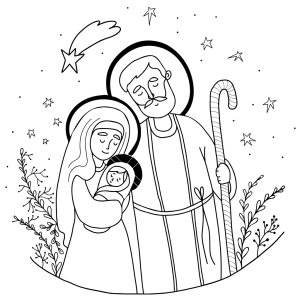 Familia sagrada en navidad: José, María y el niño Jesús bajo las estrellas