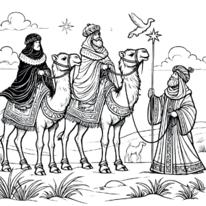 Los reyes magos llegando a belén con camellos en una hermosa escena navideña