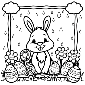 Dibujo de Conejo de pascua entre flores y huevos decorados, imágenes de animales para colorear