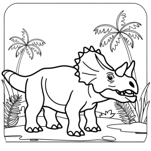 Triceratops en un paisaje tropical lleno de palmeras y vegetación