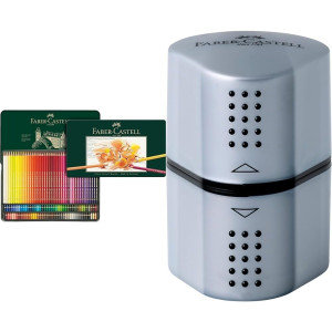 3 110011 - Estuche de metal con 120 ecolápices polychromos, multicolor + 183800 - Sacapuntas Triple Agujero