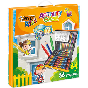 4 Kids Activity Case, Maletín Creativo de 100 Piezas que incluye 24 Lápices, 24 Rotuladores, 16 Crayones y 36 Adhesivos. Inclu