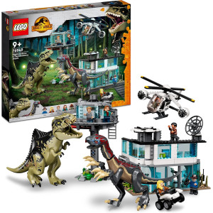 LEGO 76949 Jurassic World Ataque del Giganotosaurio y el Therizinosaurio, Dinosaurios de Juguete, Set de Construcción con Heli