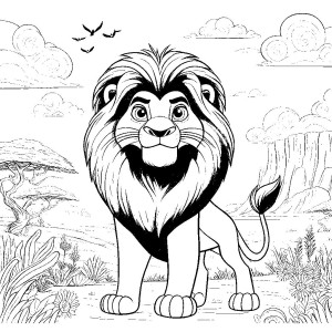 Dibujo de Simba de la película El Rey León en la sabana con fondo natural para colorear