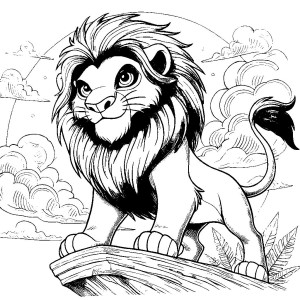 Dibujo de Mufasa de la película el Rey León en un paisaje con nubes y vegetación para colorear