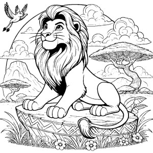 Dibujo de Simba para colorear en un paisaje, imágenes del Rey León