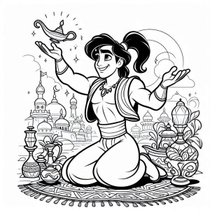 Dibujo de Aladdin y lámpara mágica para colorear en un mundo de fantasía, aladdin dibujo