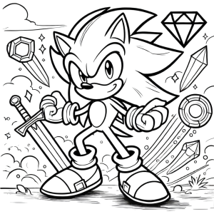 Dibujo de Sonic para colorear e imprimir, con gemas y espada de fantasía