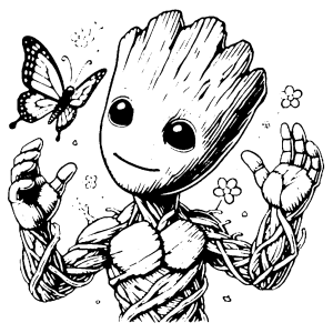 Dibujo de Groot para colorear rodeado de mariposas y flores