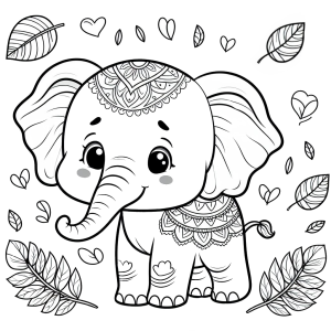 Dibujo de elefante para colorear tierno rodeado de hojas y corazones, imágenes de animales para colorear