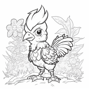 Dibujo de gallo entre coloridas flores para colorear, imágenes de animales para colorear