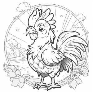 Dibujo de gallo para colorear en un paisaje alegre, imágenes de animales para colorear