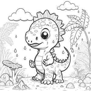 Dibujo de dinosaurio para colorear encantador en un paisaje prehistórico, imágenes de dinosaurios para colorear