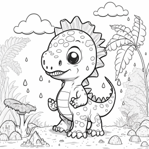 Dibujo de dinosaurio Tyrannosaurus animado en un paisaje prehistórico, imágenes de dinosaurios para colorear