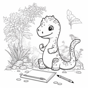 Dibujo de dinosaurio para colorear alegre con lápiz en un entorno natural, imágenes de dinosaurios para colorear