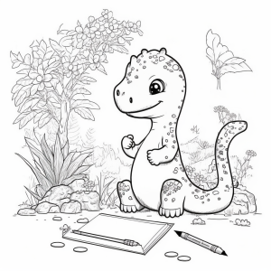 Dibujo de dinosaurio Tyrannosaurus animado para colorear alegre con lápiz en un entorno natural