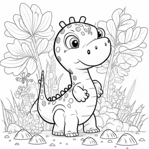 Dibujo de dinosaurio para colorear sonriente lleno de naturaleza, imágenes de dinosaurios para colorear