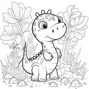 Dibujo de dinosaurio Tyrannosaurus animado para colorear sonriente lleno de naturaleza, imágenes de dinosaurios para colorear