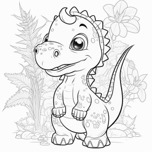 Dibujo de tierno dinosaurio para colorear sonriente entre flores y plantas, imágenes de dinosaurios para colorear