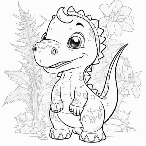 Dibujo de tierno dinosaurio Tyrannosaurus animado para colorear sonriente entre flores y plantas