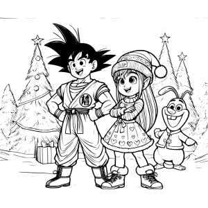 Goku en aventuras navideñas en un escenario festivo, dibujos de goku para colorear, dibujos de navidad para colorear