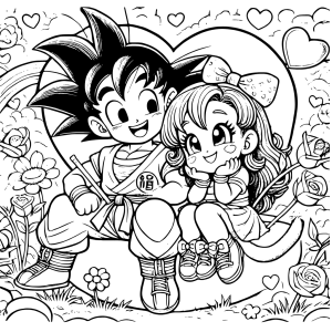 Goku y amiga en un jardín encantado, dibujos para pintar Goku