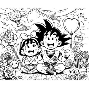 Dibujo de Goku para colorear y chi-chi momentos de amor y amistad, dibujos de san valentin