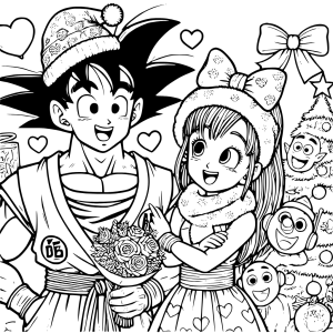 Dibujo de Goku y chi-chi celebrando en una mágica fiesta navideña, dibujos de Goku para colorear