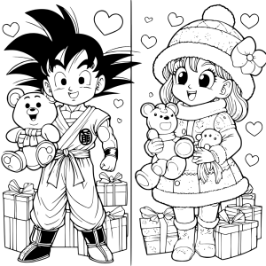 Dibujo de Goku para colorear con ositos y regalos, dibujos de Goku para imprimir