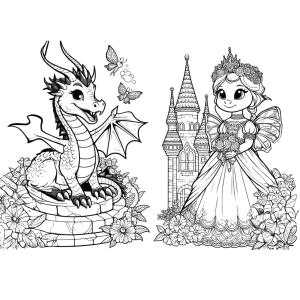 Dibujo de fantástico dragón y princesa para colorear, dibujos de dragón, dragones para colorear