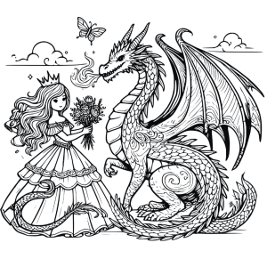 Encantadora princesa y dragón mágico en un mundo de fantasía, dibujos de dragón, dragones para colorear