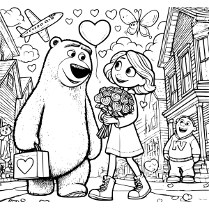 Escena tierna de amor entre un oso y una niña en la ciudad, personas dibujos fáciles, dibujos de san valentín