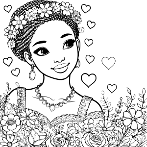 Retrato de una joven rodeada de flores y corazones en un estilo encantador, dibujos de una persona, dibujos de mujer