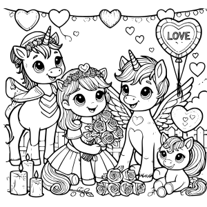 Dibujo de unicornios para colorear y una niña con flores, unicornio para colorear e imprimir